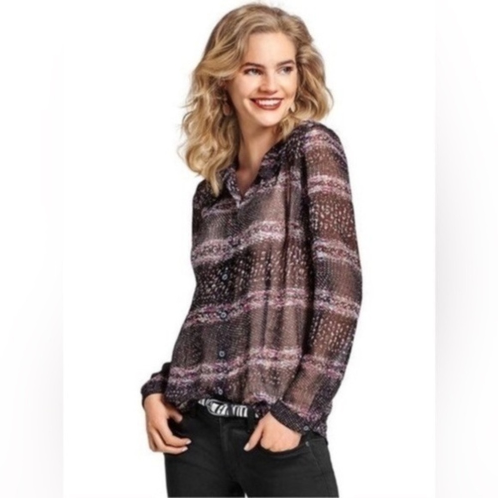 CAbi Women’s Large Black Paris Sheer Chiffon Button Up Blouse Top #3249